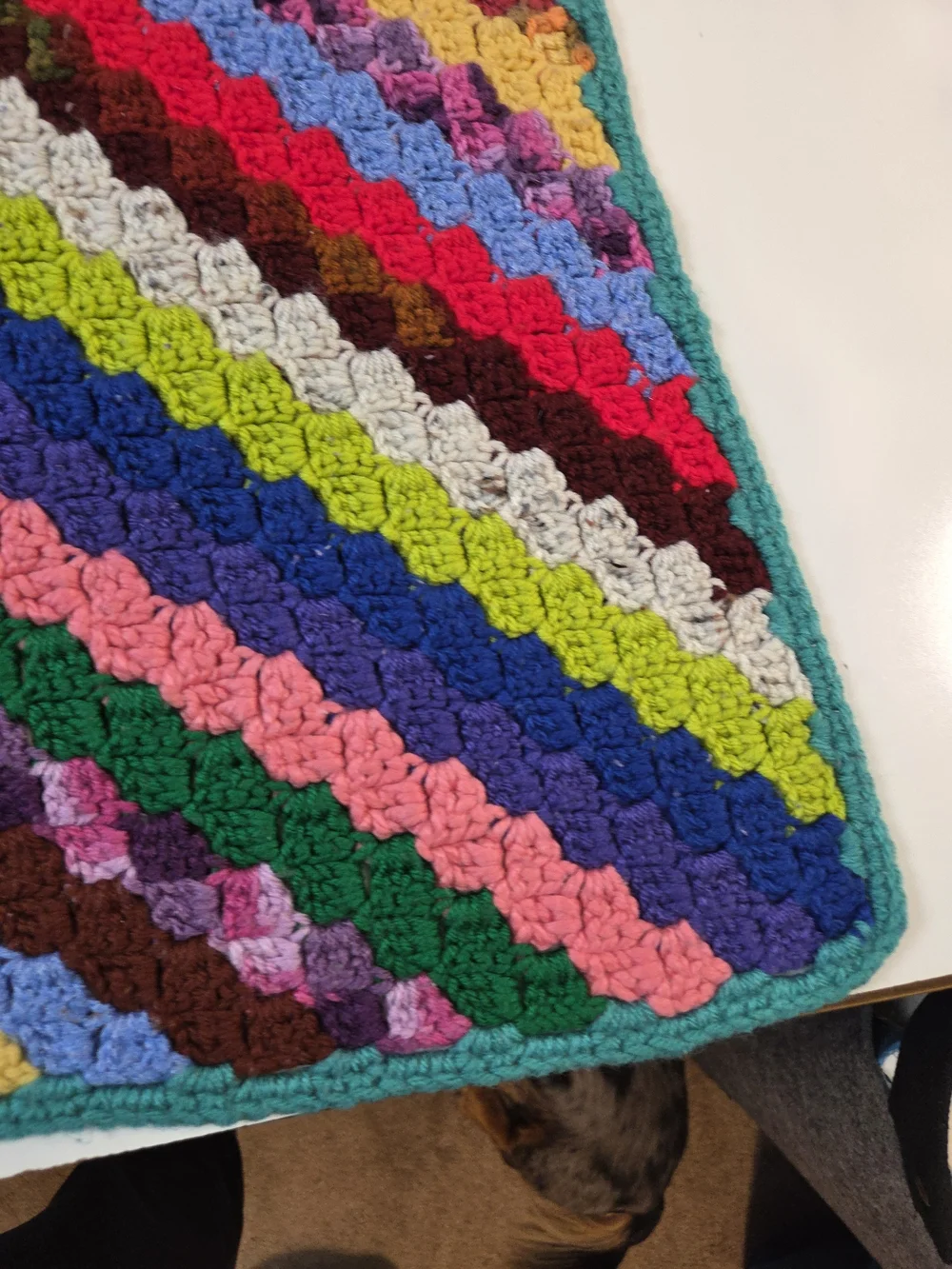 Handmade Multicolor Crochet Lap Blanket - Teal Trim